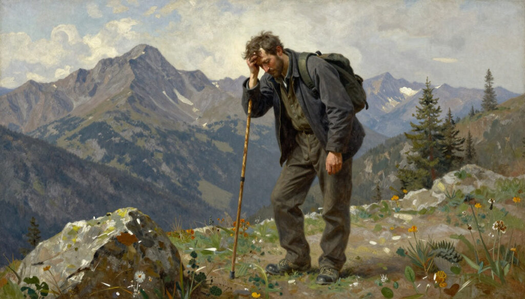 man hiking in the mountains felling tired from the high altitude depicting how oxygen works