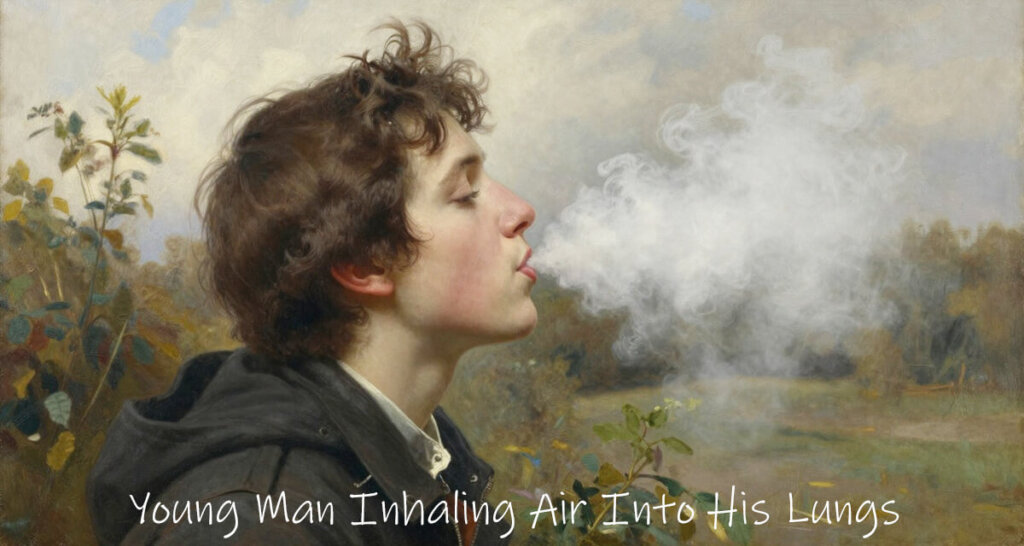 Illustration of a young man inhaling air into his lungs.