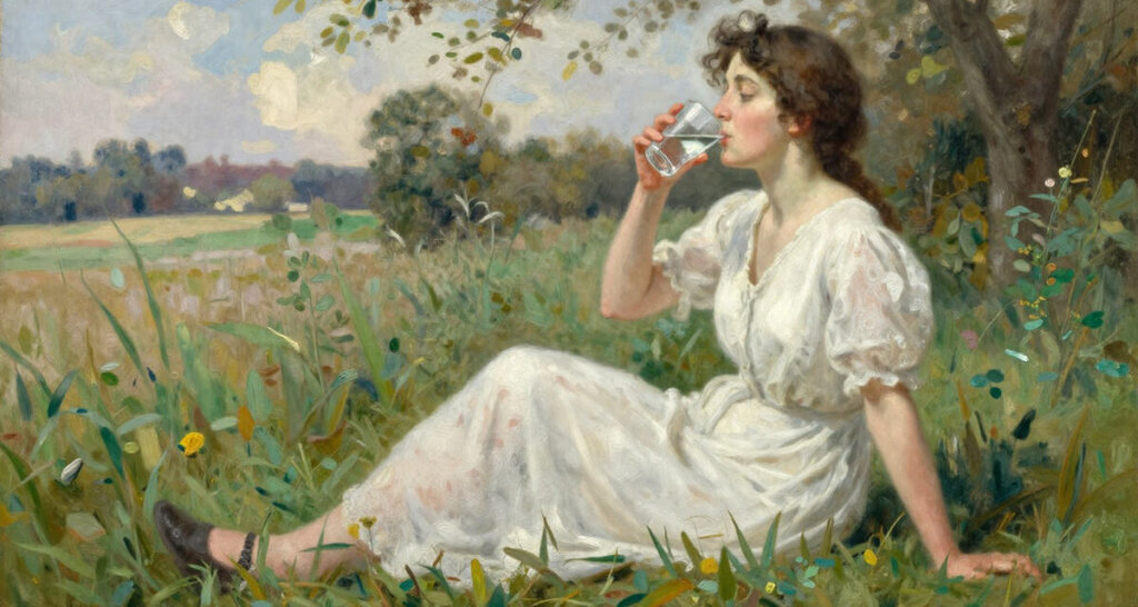 Woman sitting in a summer field drinking a glass of water showing how oxygen works