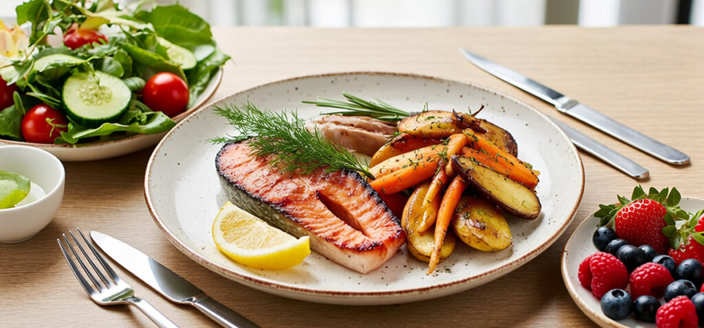 A balanced meal of both raw and cooked foods.