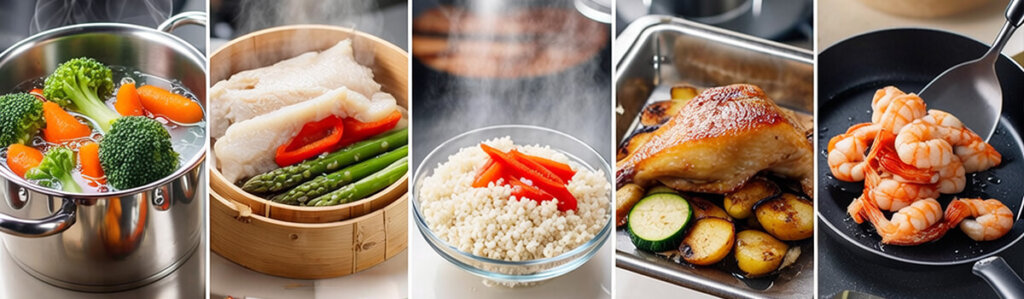 5 different cooking methods: Boiling, Steaming, Microwaving, Roasting, and Sautéing