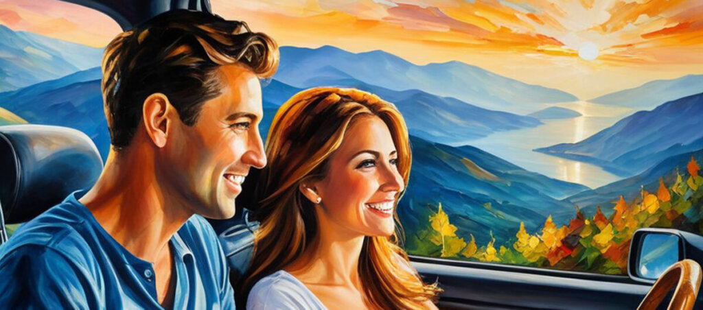 happy man and woman driving in car over mountain road