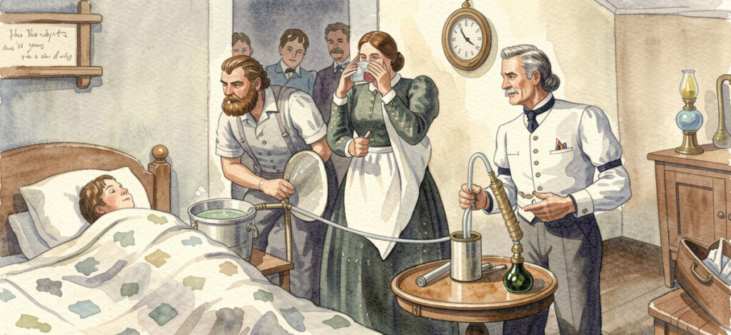 This a watercolor replica of an image, used as a basis for a large-scale panel in the York County Heritage Trust's Murals of York series, shows Dr. George Holtzapple deploying oxygen to treat a Loganville pneumonia patient. The original image appeared in York Hospital's history 'That Sovereign Knowledge.' Tradition has it that this pioneering treatment took place in the house's basement in this close-knit southern York County community.
