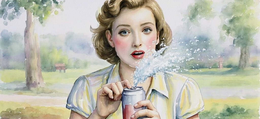 Woman opening a can of soda and the gas escaping from the opening.