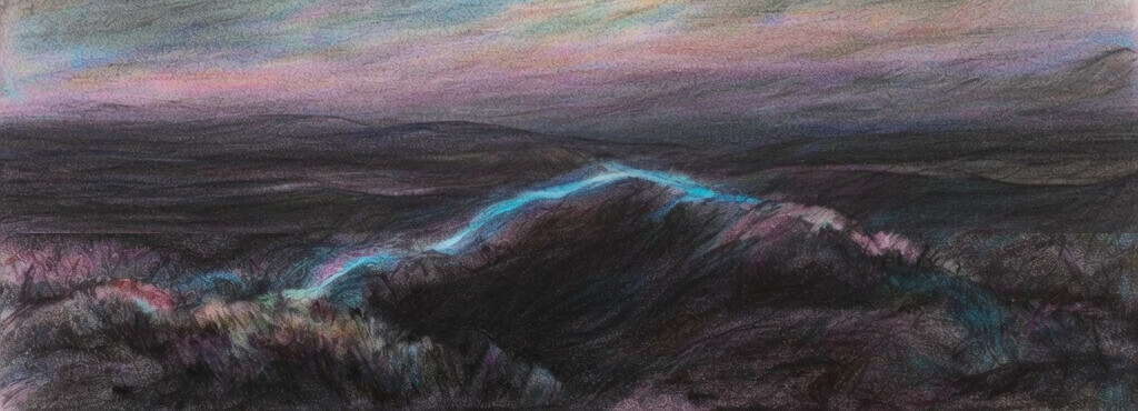 Image of a dark hilly landscape with a single river of blue trying to illuminate the way.