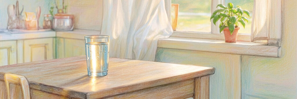 Glass of water glowing on a kitchen table lit by sunlight.