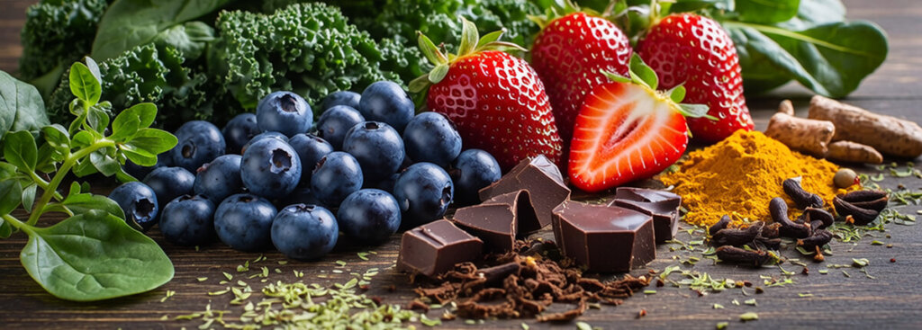 image of fruit, vegetables, spices, and dark chocolate, all good antioxidant sources