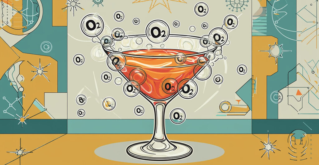 oxygen molecules attacking an alcoholic beverage. hangovers and oxygen