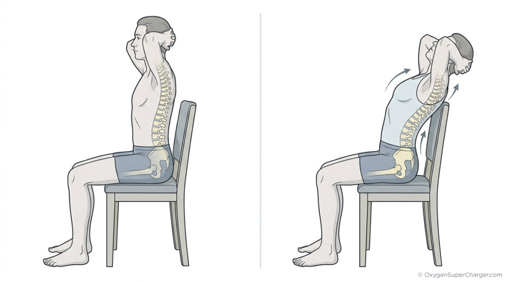 The thoracic extension stretch counteracts the forward rounding of the thoracic spine that accumulates with prolonged sitting.