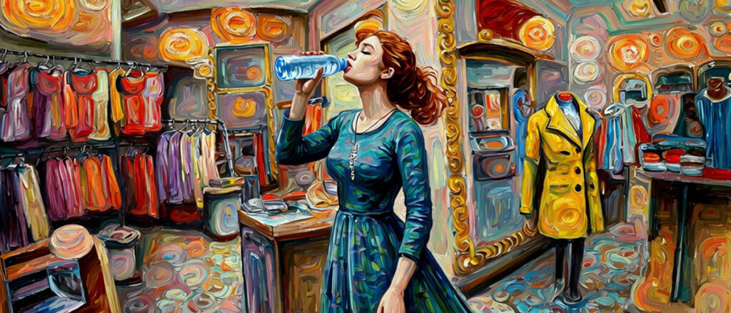 Depiction of uses of oxygen to create clothing, carpet, and water bottles.
