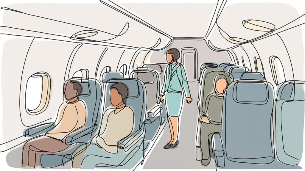 inside a jet cabin showing passengers and a flight attendant. 