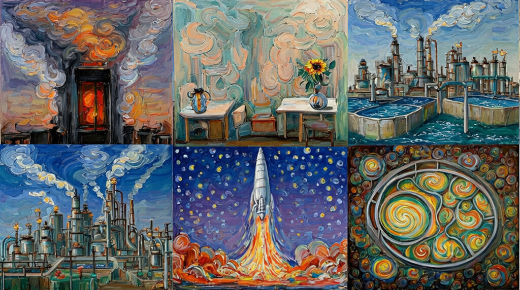 a series of panels showing different uses of oxygen: a furnace, a refinery, a treatment plant, a cancer clinic, a rocket, and a cell's mitochondria.