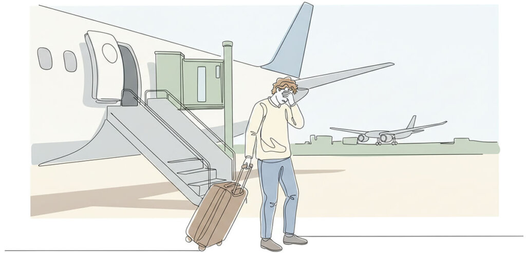 Exhausted man getting off plane showing what jet lag does to your body
