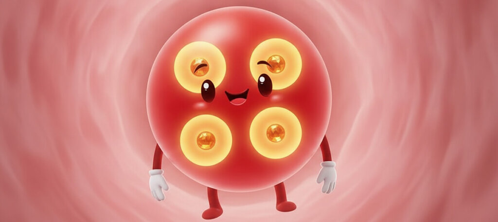 cute blood cell character showing 4 heme groups inside