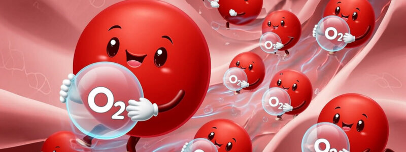 cute red blood cell characters holding oxygen molecules and happily running through an artery.