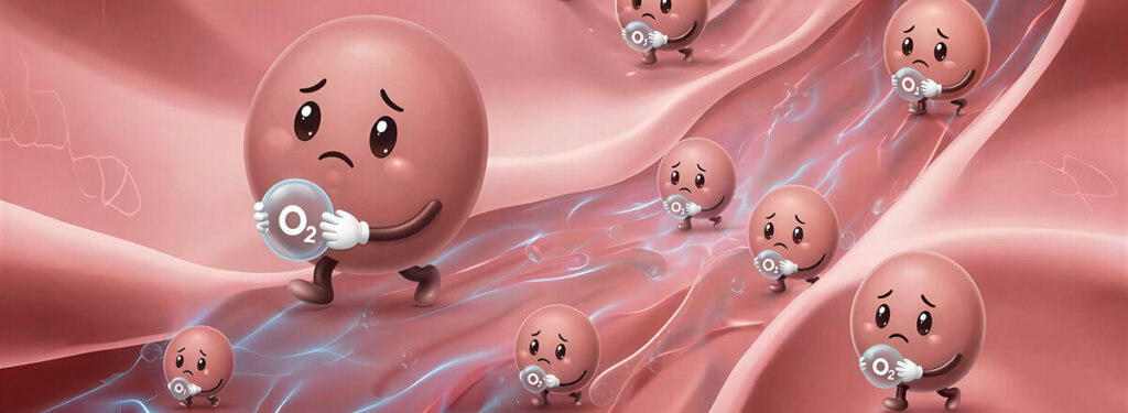 Iron deficient blood cells are paler, smaller, and can't carry as much oxygen