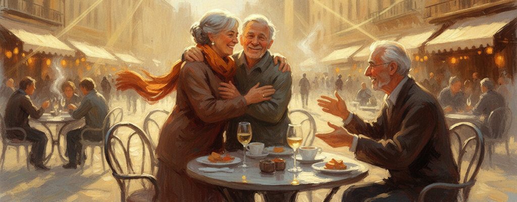 old friends meeting for lunch at a cafe
