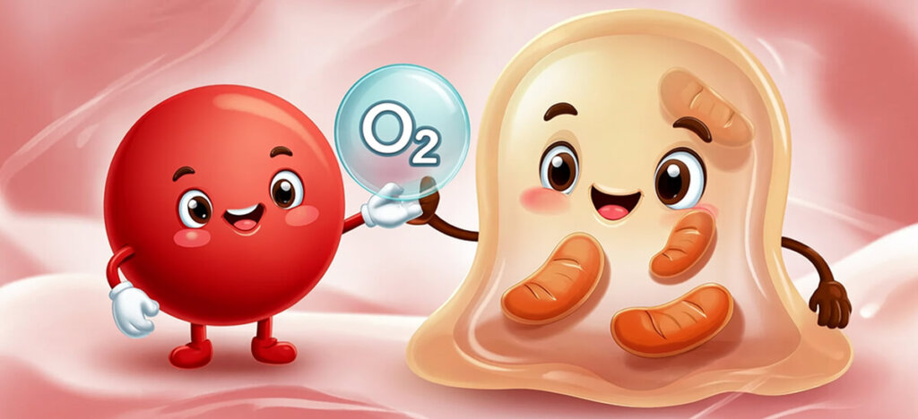 cute red blood cell character handing an oxygen molecule over to a cell that needs it.